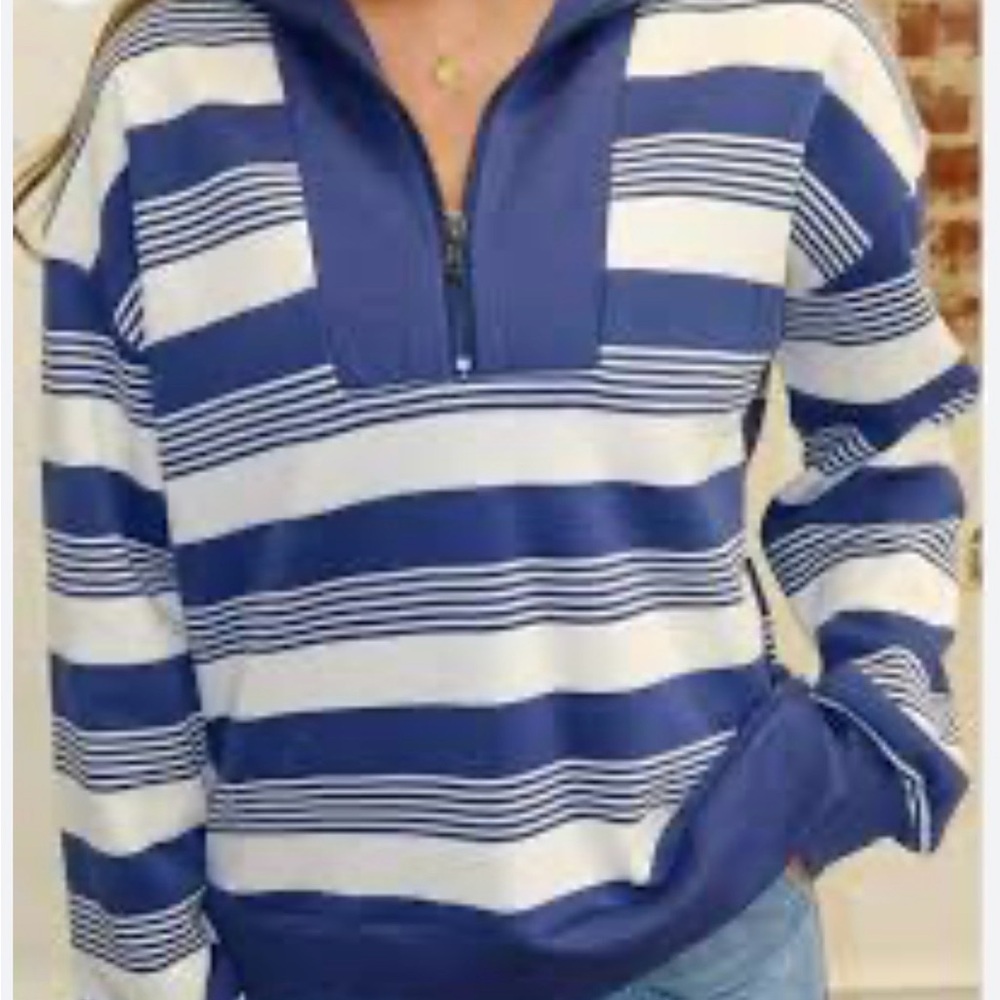 Umgee Women’s Blue White Striped Quarter Zip Pullover Top Sz S~NWT